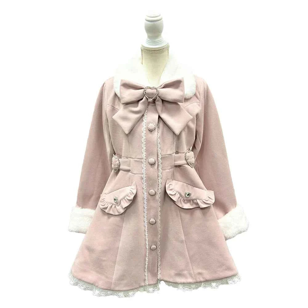 Japanese Sweet Winter Woolen Coat Lolita Style Cute Big Bow Fungus Edge Long Sleeve Slim Kawaii Girls Women Elegant Overcoat