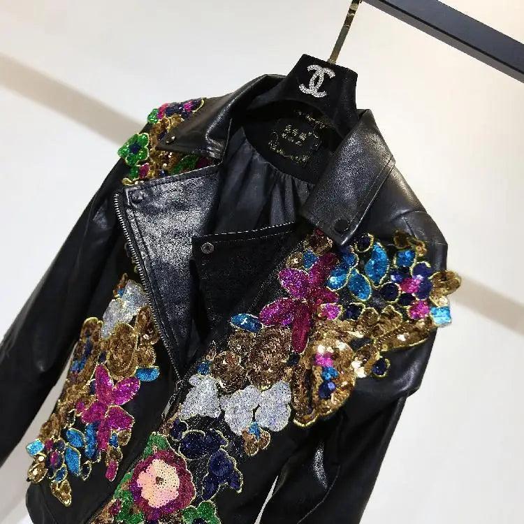 Chic Floral Sequined Embroidery Faux Leather Jacket Short Locomotive PU Coat Diamonds Beaded Turn Down Collar Zippers Streetwear SS69