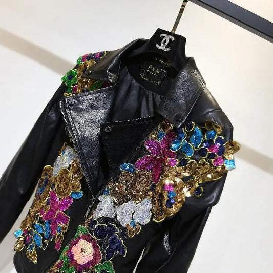 Chic Floral Sequined Embroidery Faux Leather Jacket Short Locomotive PU Coat Diamonds Beaded Turn Down Collar Zippers Streetwear SS69