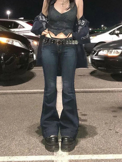 Kalevest Y2K High Street Low Rise Jeans Blue Women Pants Bootcut  Pockets Jeans Streetwear Low Waist Jeans Wide Leg Pants SS69 20.69 DEEP BLUE / L