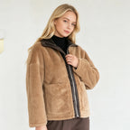 PUAL Women's Fuzzy Fleece Zip-Up Jacket with High Collar & Big Pockets
