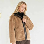PUAL  2026 new fuzzy fleece zip up jacket, high collar, big pockets, warm casual short outerwear, cozy winter women plush coat