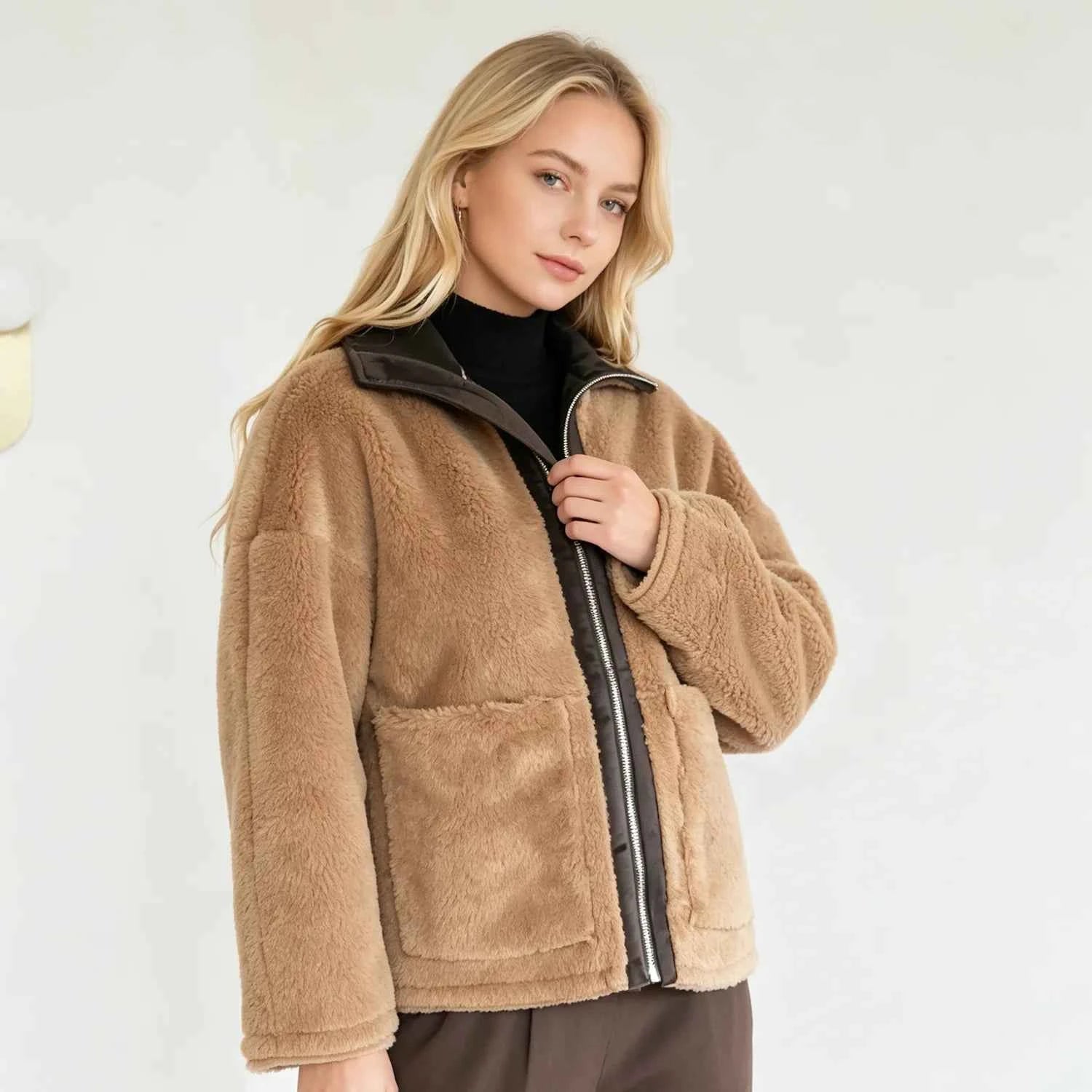 PUAL  2026 new fuzzy fleece zip up jacket, high collar, big pockets, warm casual short outerwear, cozy winter women plush coat