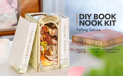 Robotime Rolife Falling Sakur Book Nook DIY Dollhouse Bookend Model Kit with LED Light Wooden Puzzle for Bookshelf Decor - TGB05