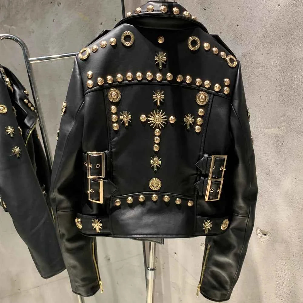 Leather Jacket Rivet High Street Ladies Autumn and Spring Fashion Wear Genuine Sheepskin Jacket 5860