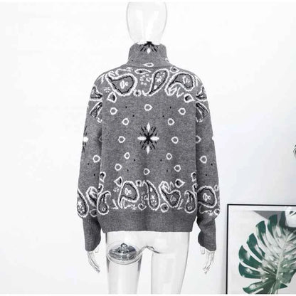 Warm Printed High Collar Knit Cardigans Women Contrast Jacquard Zipper Full Sleeve Pocket Sweater 2026 Spring Lady Chic Knitwear