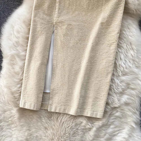 SINGREINY Women Korean Split Sexy Long Skirt 2024 Winter Corduroy Slim Thick Streetwear Fashion Vintage Autumn Bodycon Skirt