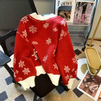Women's V-Neck Snowflake Knit Sweater - Red/Black