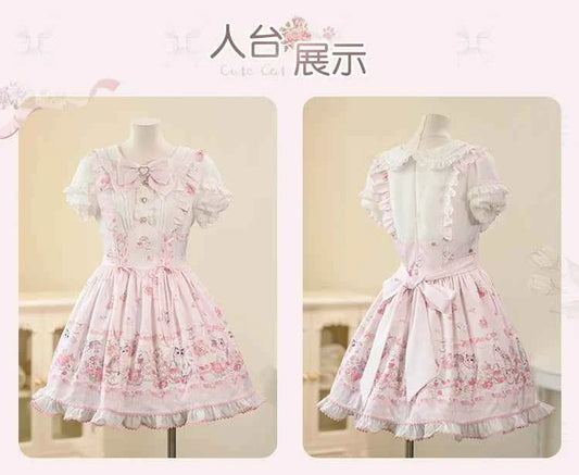 Original New Spring Summer Cute Print Short-sleeved Lolita OP Dress Japanese Sweet Girl Mass-produced Kawaii Bow Short Dresses