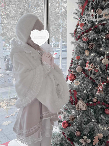 Japanese Mine Lace Splicing Cute Bow Lolita Shawl Jacket Autumn and Winter New Sweet Girl Loose Warm Plush Cape Coat Women