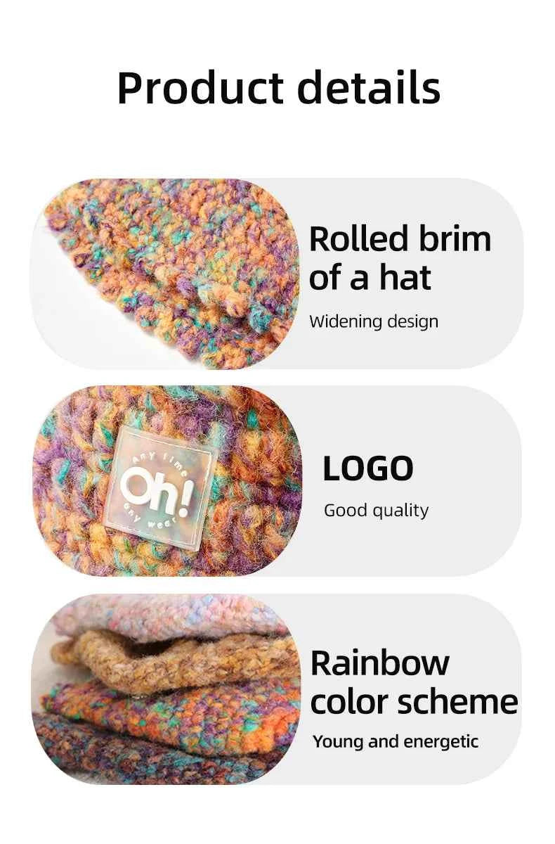 OhSunny Autumn Winter Wavy Brim Bucket Hats,Rainbow Cute Thermal Caps Women's Outdoor Warm Hand-knitted Fisherman Caps Packable