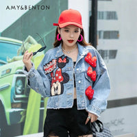 Fashion Brand Jeans Coat Women's Spring Autumn New Heavy Industry Cartoon Sequins Chaqueta High Street Loose-Fitting Denim Coats SS69