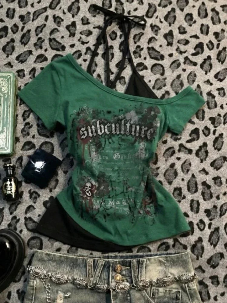 Harajuku Gothic Punk Short Sleeve T-shirts Women Subculture Printed Y2k Crop Top Tees Summer Casual American Vintage T Shirts
