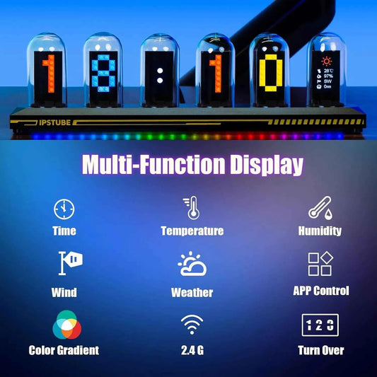 USB Powered RGB Nixie Tube Clock with IPS Color Screen, Corded Electric Aluminum Oval Alarm Clock with Charging Port, Metal Fram
