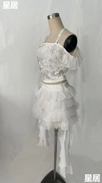 Women's Rhinestone Sling Top & Ruffled Skirt Jazz Dance Costume
