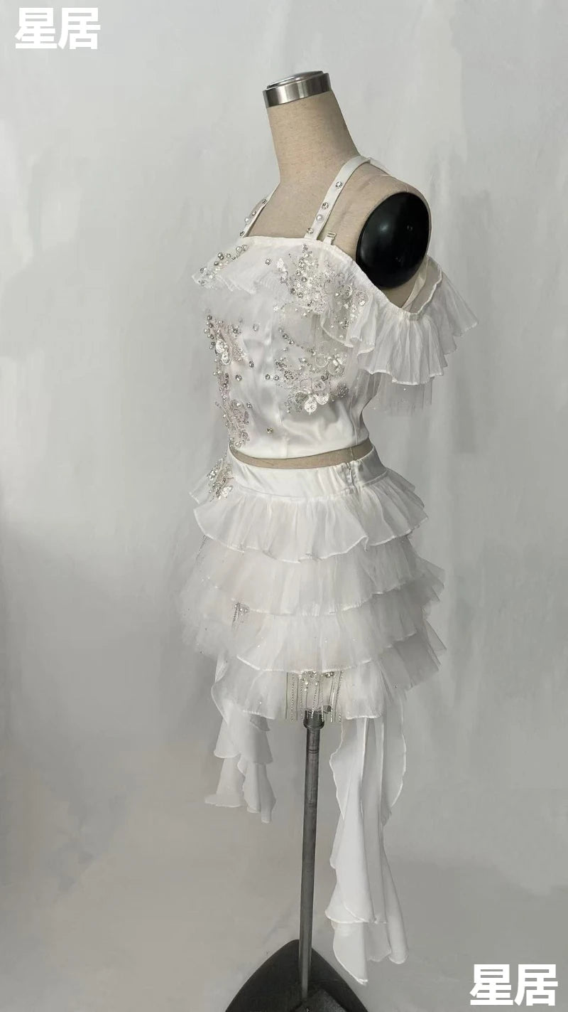 Women's Rhinestone Sling Top & Ruffled Skirt Jazz Dance Costume