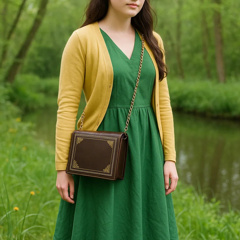 Book Look Handbag Old Brown Leather Book with Gold Design Shoulder Bag Purse