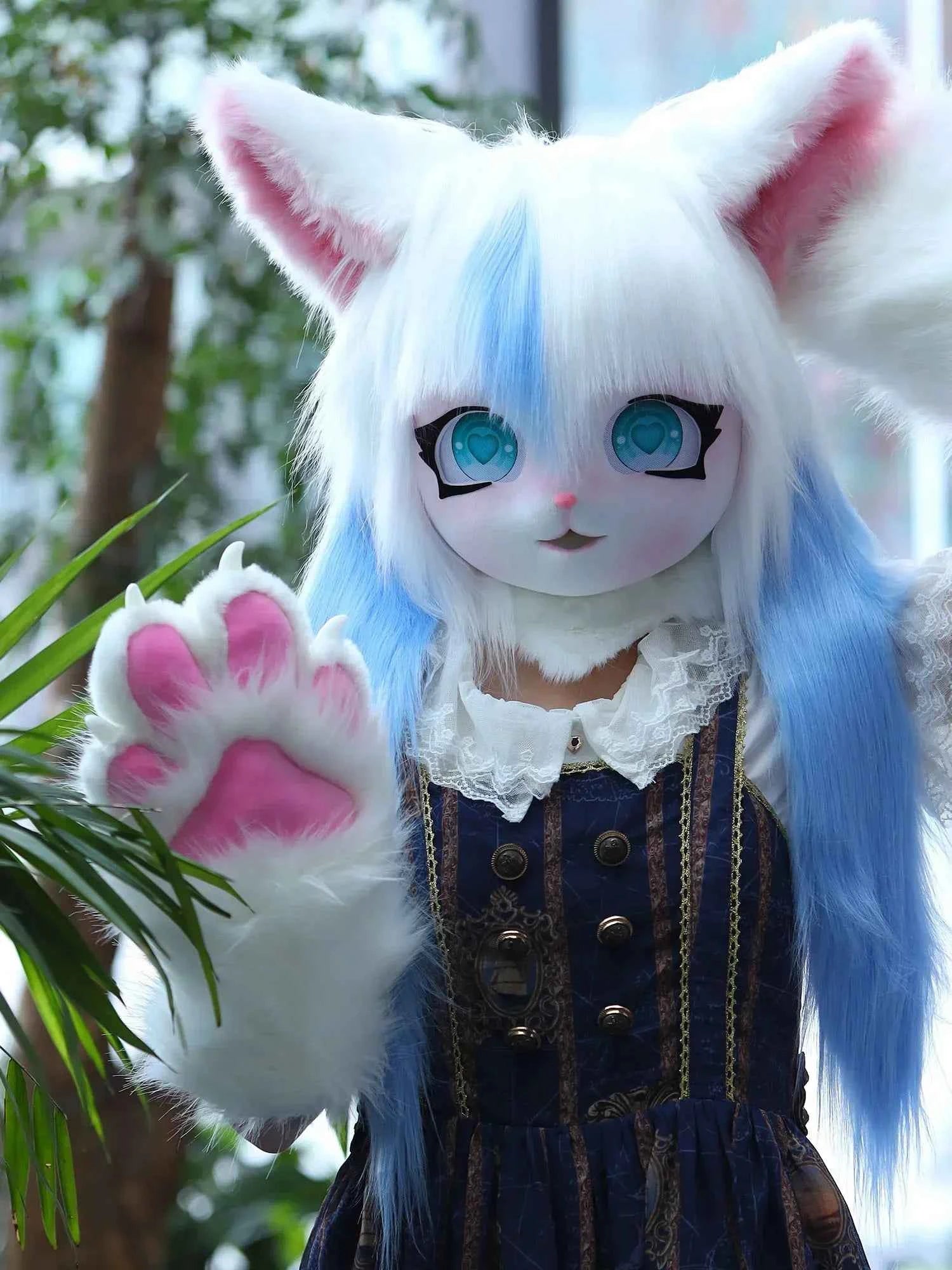 White and blue furry animal cosplay headgear with large blue eyes and matching paw glove.