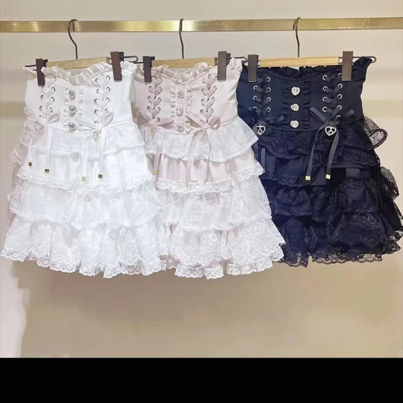 Japanese Kawaii Mini Cake Skirts Womens Jupe Fairy Bandage Lolita High Waist Y2k Aesthetic Sweet Lace Gothic JK Faldas Skirt SS69