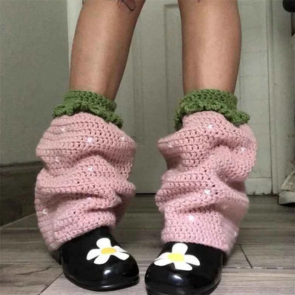 Women Knit Leg Warmers Contrast Color Knee High Socks Y2K Aesthetic Boot Cuffs Cover for Streetwear Kawaii Short Socks
