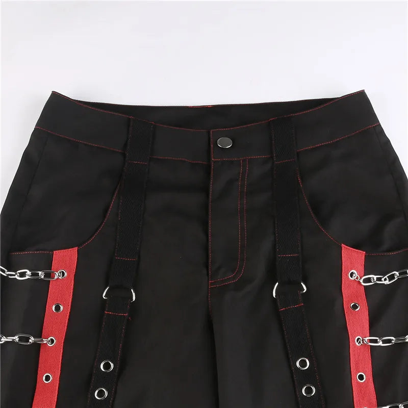 Cyber Punk Unisex Cargo Wide Leg Pants Chain Bandage Ruched Tie Capris Pants Women Gothic Baggy Trousers BF Hippie Grunge Jogger SS69