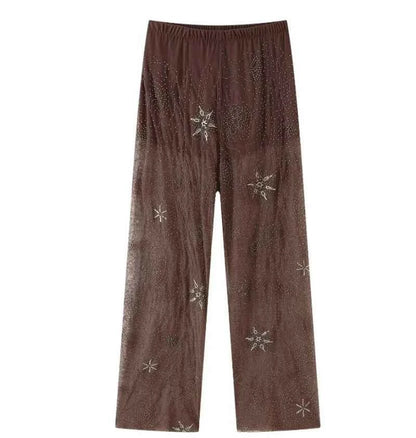 Women Fashion Translucent Sequin Pants Vintage Brown Elastic Waist Straight Trousers Spring Summer Holiday Party Pant