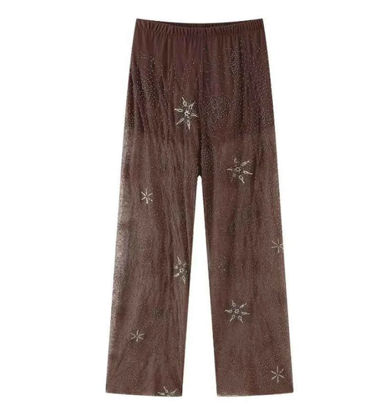 Women Fashion Translucent Sequin Pants Vintage Brown Elastic Waist Straight Trousers Spring Summer Holiday Party Pant