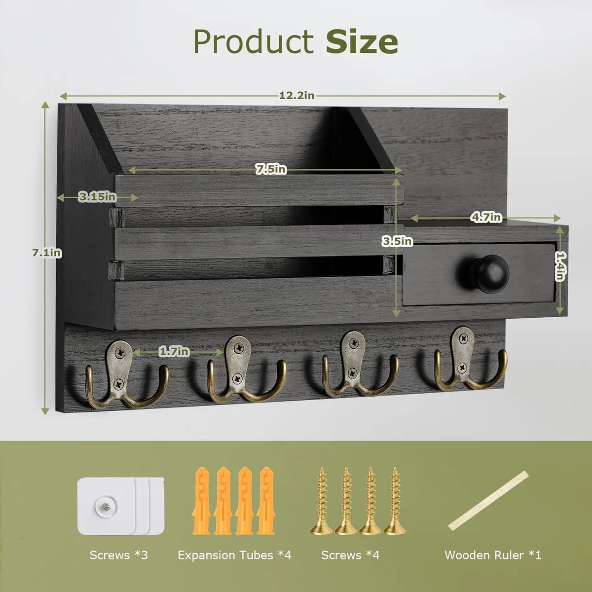 SS69 Wooden Wall Mount Key Holder with Mail Organizer, Drawer and 8 Hooks