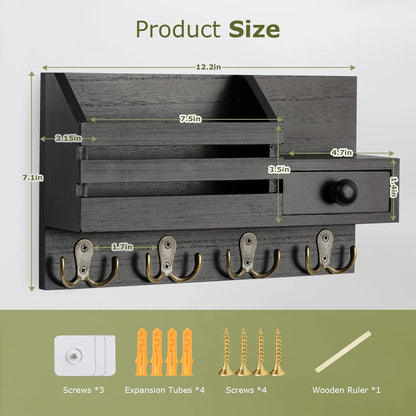 SS69 Wooden Wall Mount Key Holder with Mail Organizer, Drawer and 8 Hooks