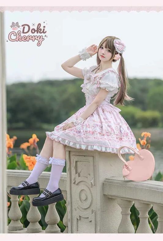 Original New Spring Summer Cute Print Short-sleeved Lolita OP Dress Japanese Sweet Girl Mass-produced Kawaii Bow Short Dresses