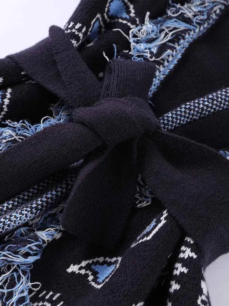 Vintage Tassels Print Women's Print Cardigan V-Neck Lace Up Full Sleeve Spliced Sweaters 2025 Autumn Lady All-match Kintwears