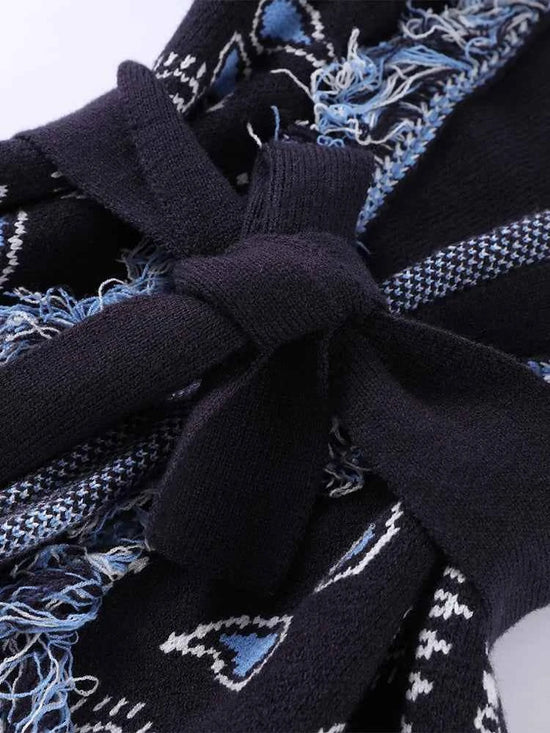 Vintage Tassels Print Women's Print Cardigan V-Neck Lace Up Full Sleeve Spliced Sweaters 2025 Autumn Lady All-match Kintwears