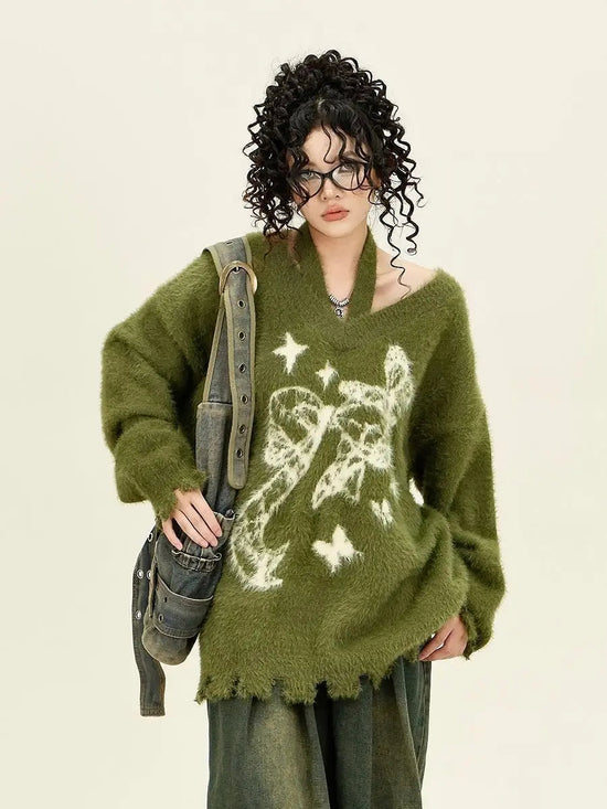 Winter American New Green Bow Neck Sweater Women Loose Print Pattern Vintage High Street Lazy Wind Knitted Sweater SS69