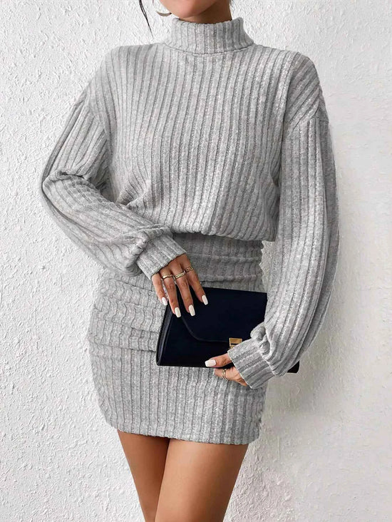 Women's Autumn Winter Fashion High Neck Knitted Sweater Dress Female Casual Solid Loose Long Sleeve Warm Mid Length Dresses