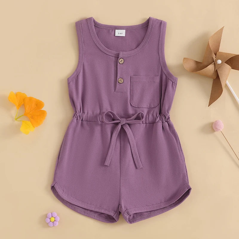 2024-12-04 Lioraitiin Litter Girls Summer Casual Jumpsuit Sleeveless Crewneck Solid Color Drawstring Tank Romper - SS69 