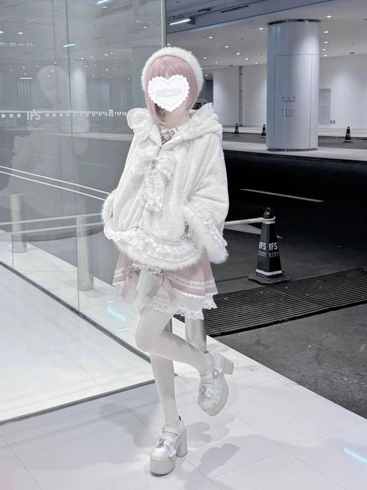 Japanese Mine Lace Splicing Cute Bow Lolita Shawl Jacket Autumn and Winter New Sweet Girl Loose Warm Plush Cape Coat Women