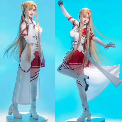 US Size Anime Women's Yuuki Asuna Cosplay White Sleeveless Skirt Outfit Halloween Costume