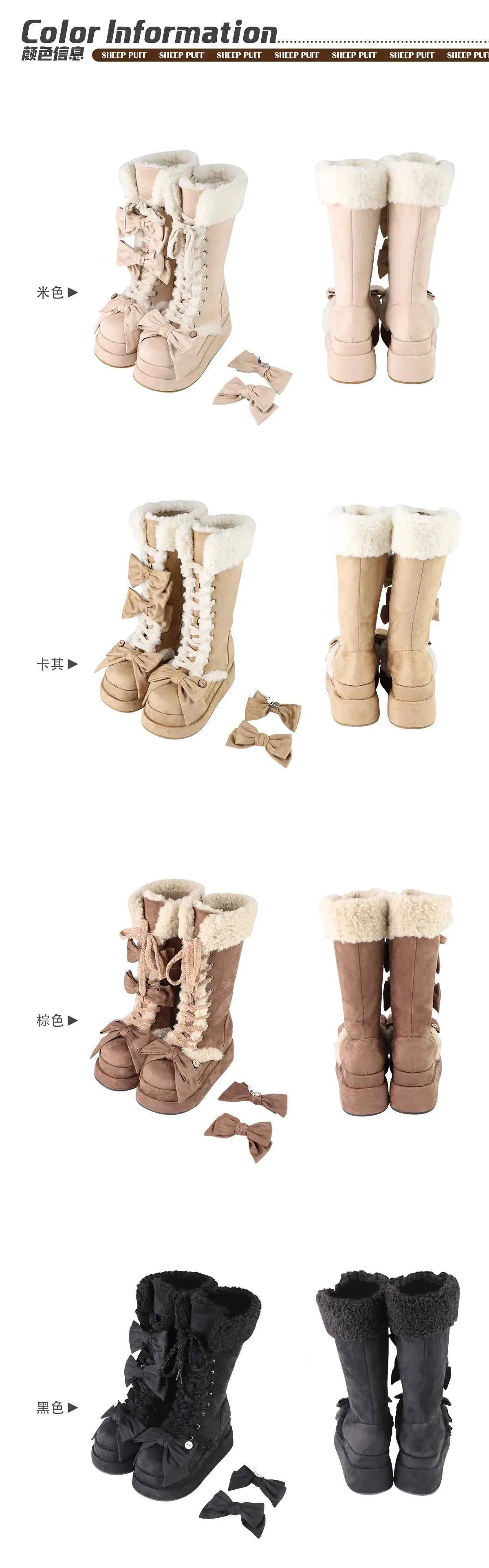 Lolita Winter Calf Boots Original Cute Bow Women's Warm Snow Boots Plush Warm Girl Female Suede Long Fur Boots