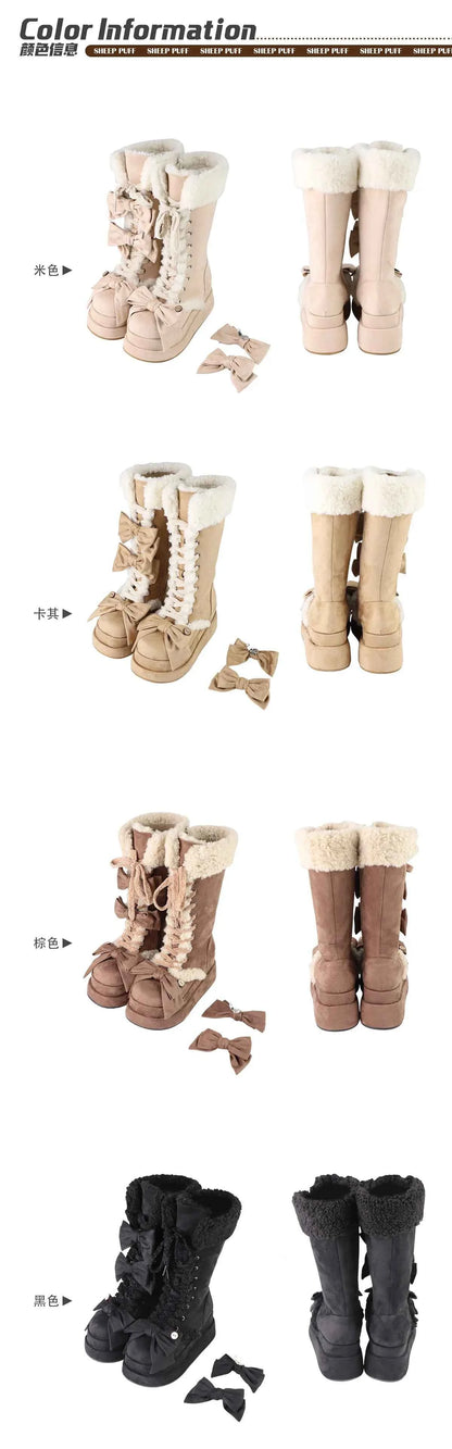 Lolita Winter Calf Boots Original Cute Bow Women's Warm Snow Boots Plush Warm Girl Female Suede Long Fur Boots