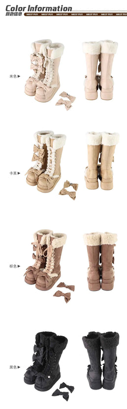 Lolita Winter Calf Boots Original Cute Bow Women's Warm Snow Boots Plush Warm Girl Female Suede Long Fur Boots