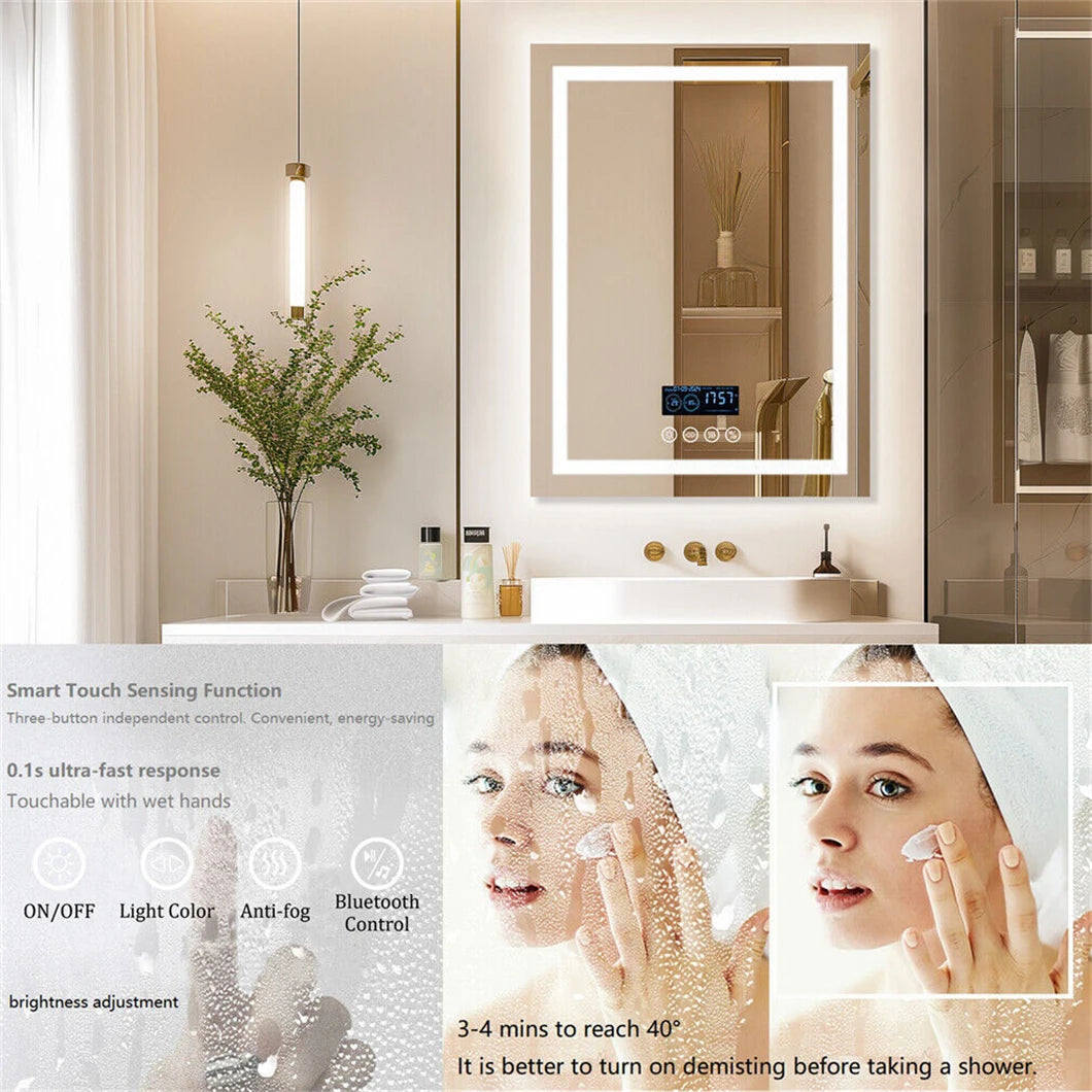 Smart LED Bathroom Mirror Rectangle Wall Mount Mirror w Bluetooth Speaker,Time,Temperature,Light Memory,Front & Backlit,Anti-Fog SS69