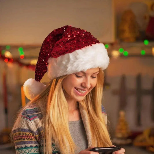 Sequin Christmas Hat Plush Solid Color Sparkle Santa Claus Hat with Long Fluffy Pompom For Adult Kids Christmas Party Decoration SS69