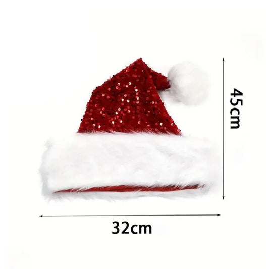 Sequin Christmas Hat Plush Solid Color Sparkle Santa Claus Hat with Long Fluffy Pompom For Adult Kids Christmas Party Decoration SS69