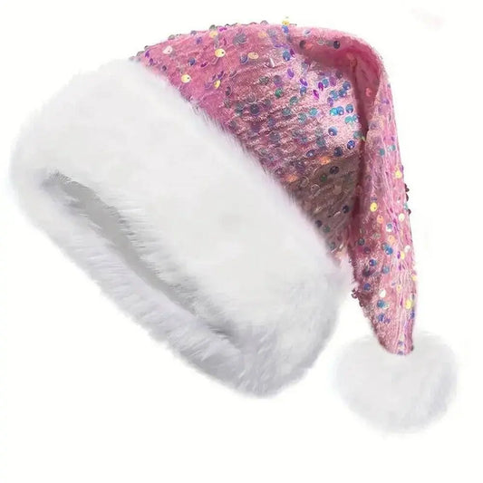 Sequin Christmas Hat Plush Solid Color Sparkle Santa Claus Hat with Long Fluffy Pompom For Adult Kids Christmas Party Decoration SS69