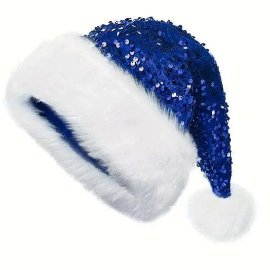 Sequin Christmas Hat Plush Solid Color Sparkle Santa Claus Hat with Long Fluffy Pompom For Adult Kids Christmas Party Decoration SS69