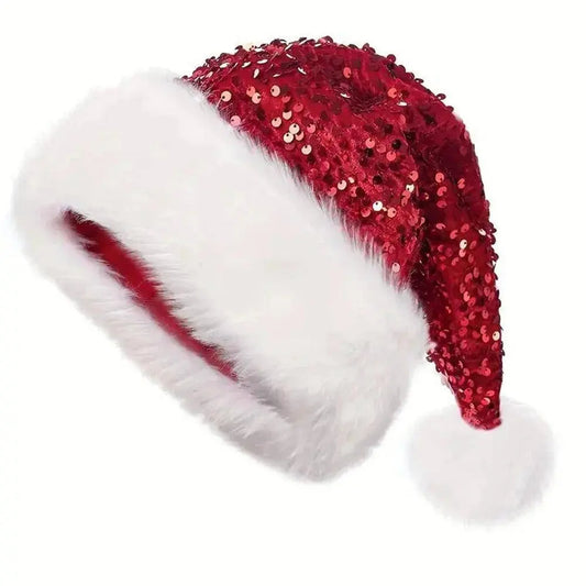 Sequin Christmas Hat Plush Solid Color Sparkle Santa Claus Hat with Long Fluffy Pompom For Adult Kids Christmas Party Decoration SS69 6.69 45x32x2cm / Red 1