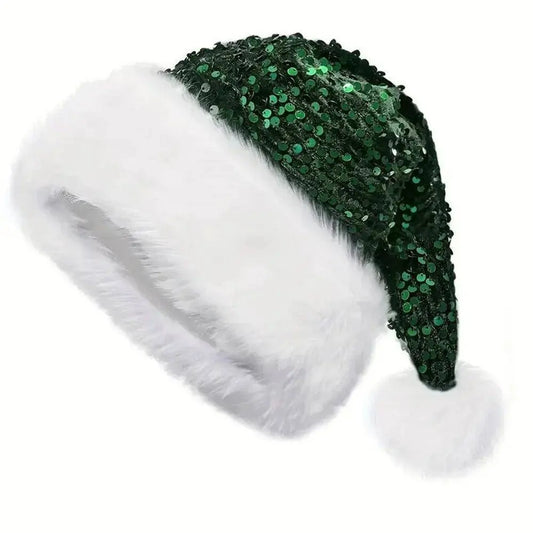 Sequin Christmas Hat Plush Solid Color Sparkle Santa Claus Hat with Long Fluffy Pompom For Adult Kids Christmas Party Decoration SS69