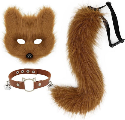 Set Con Maschera Di Volpe in Finta Pelliccia E Coda Di Lupo E Collana in Pelle, Accessorio per Costume Cosplay - SS69