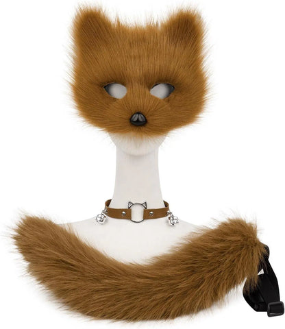 Set Con Maschera Di Volpe in Finta Pelliccia E Coda Di Lupo E Collana in Pelle, Accessorio per Costume Cosplay - SS69