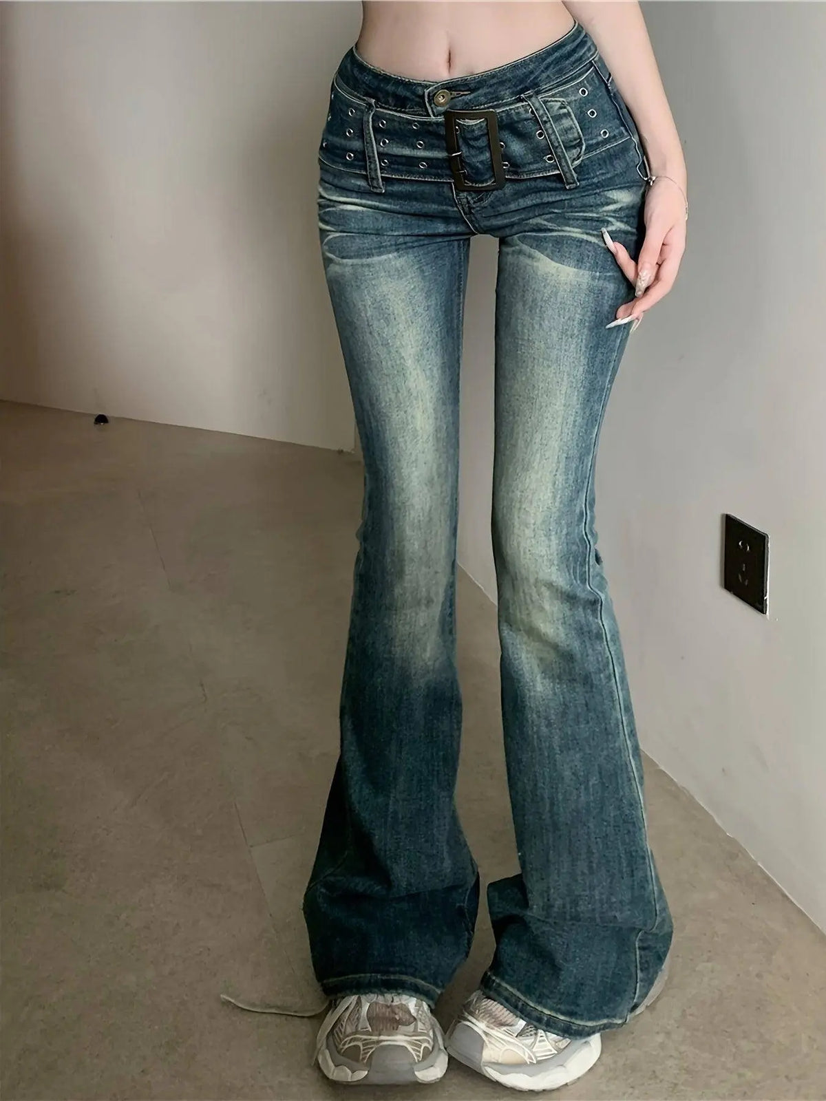 Sexy Adjustable Belt Washed Blue Streetwear Flare Leg Jeans, Women's Denim Jeans & Clothing SS69